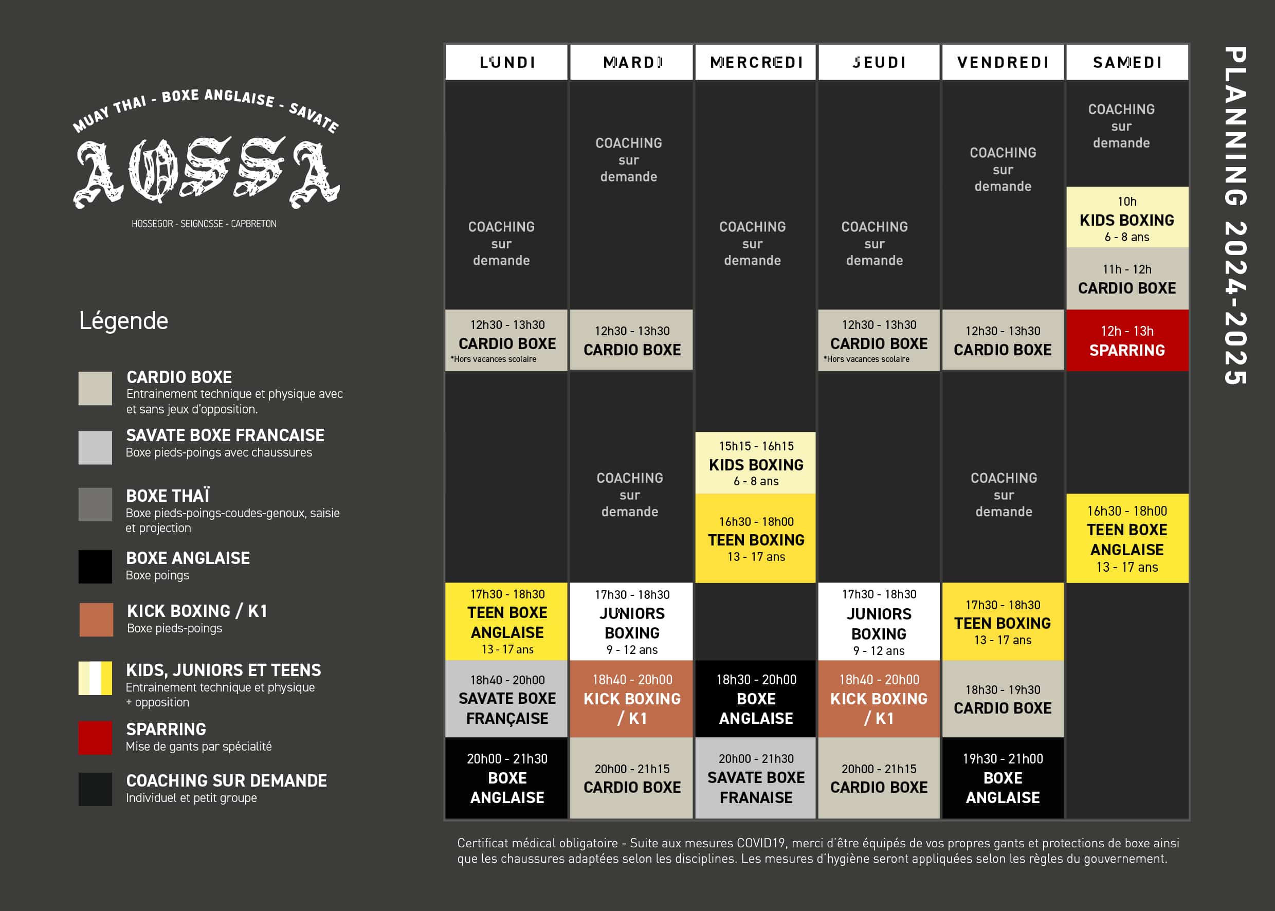 Planning de boxe AOSSA - Seignosse 2024/2025